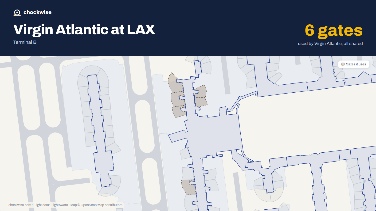 Map of LAX with the gates Virgin Atlantic uses highlighted: 130, 131, 132, 133, 134 and 152.