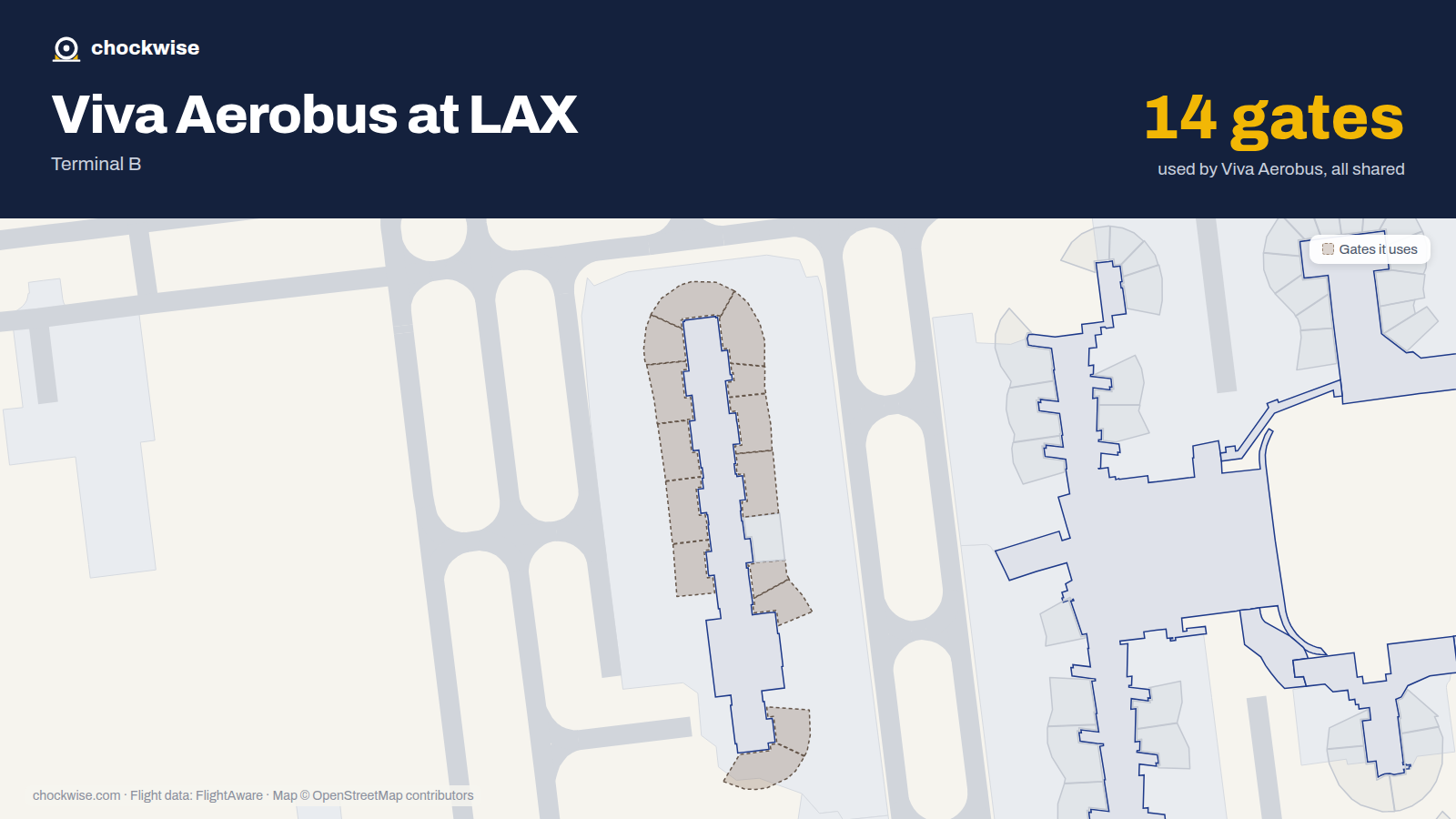 Map of LAX with the gates Viva Aerobus uses highlighted: 201A, 201B, 202, 204, 205, 206, 207, 208 and 6 more.