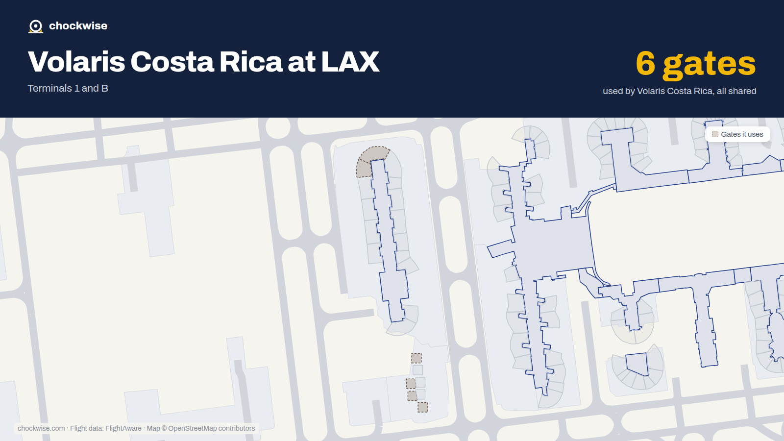 Map of LAX with the gates Volaris Costa Rica uses highlighted: 210A, 210B, 227, 230, 232, 234 and 235.