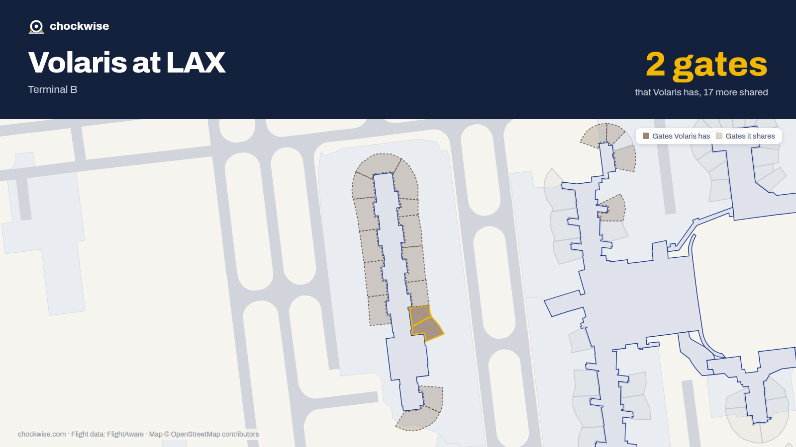 Map of LAX with the gates Volaris uses highlighted: 201A and 201B.