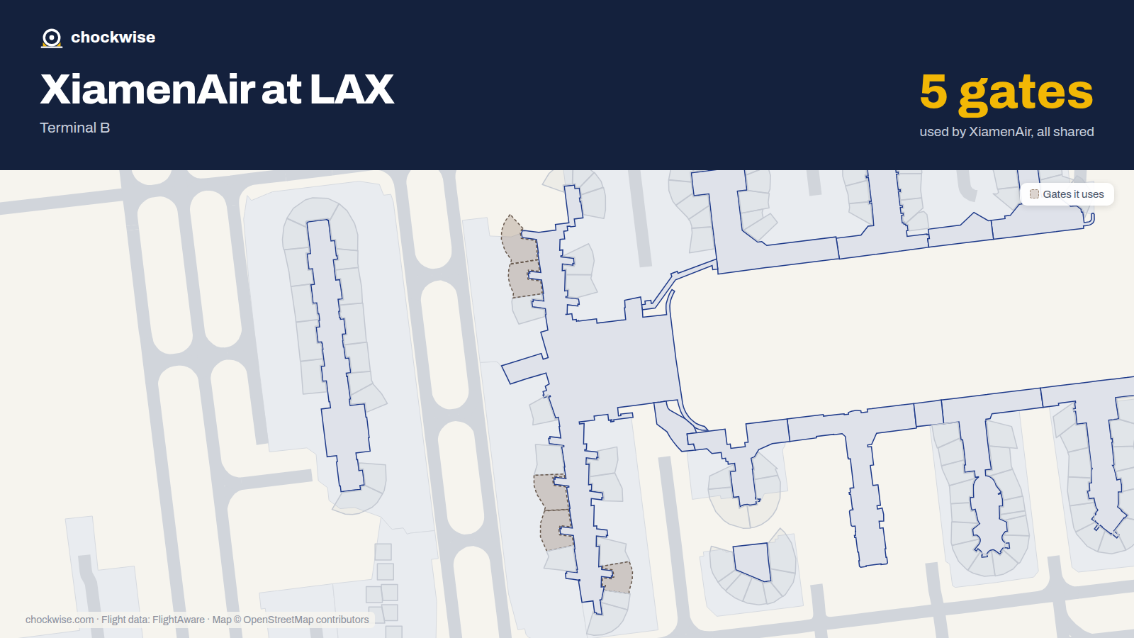 Map of LAX with the gates Xiamen Airlines uses highlighted: 132, 134, 152, 154 and 157.