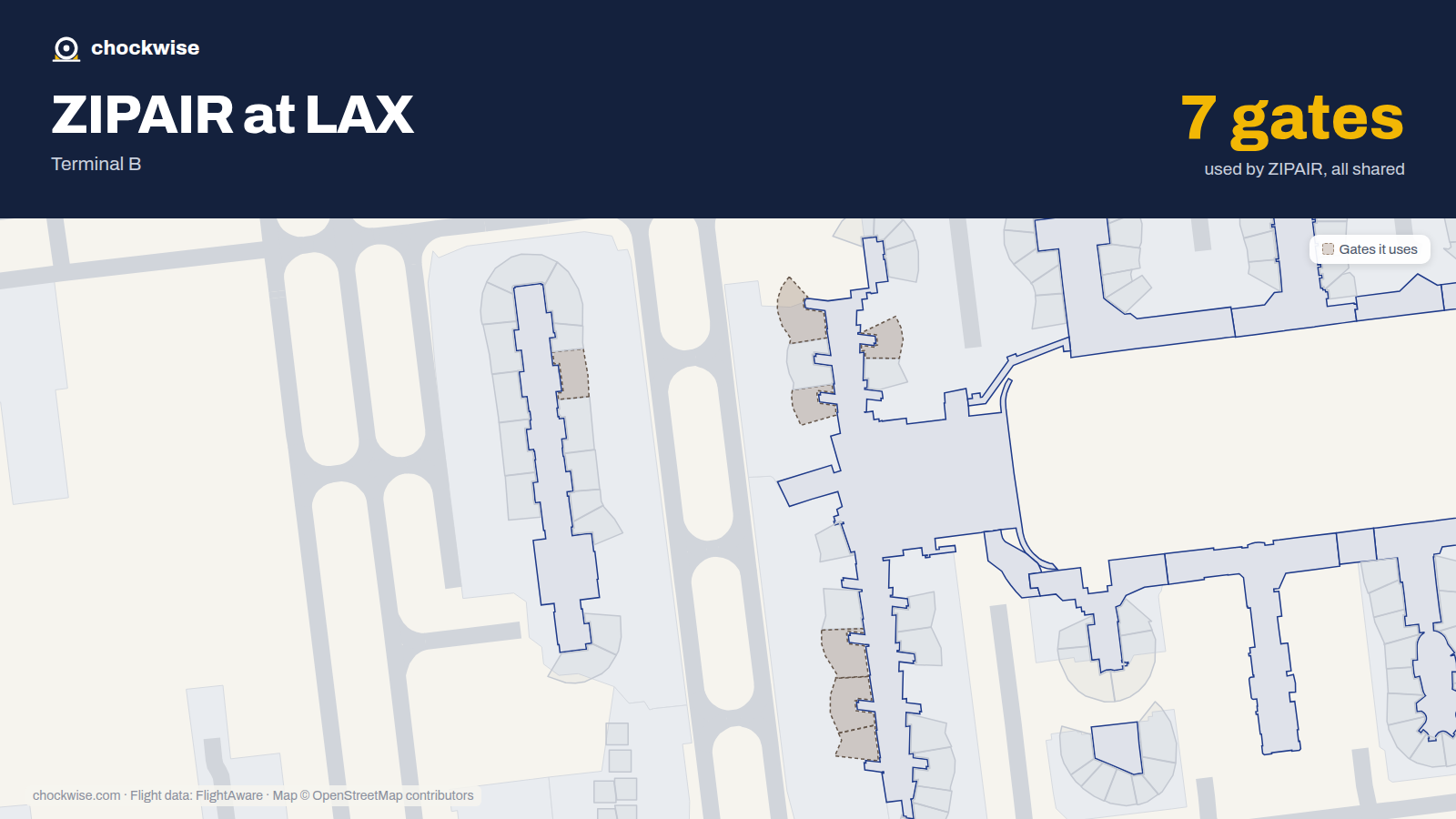 Map of LAX with the gates ZIPAIR uses highlighted: 130, 133, 134, 152, 154, 156 and 207.