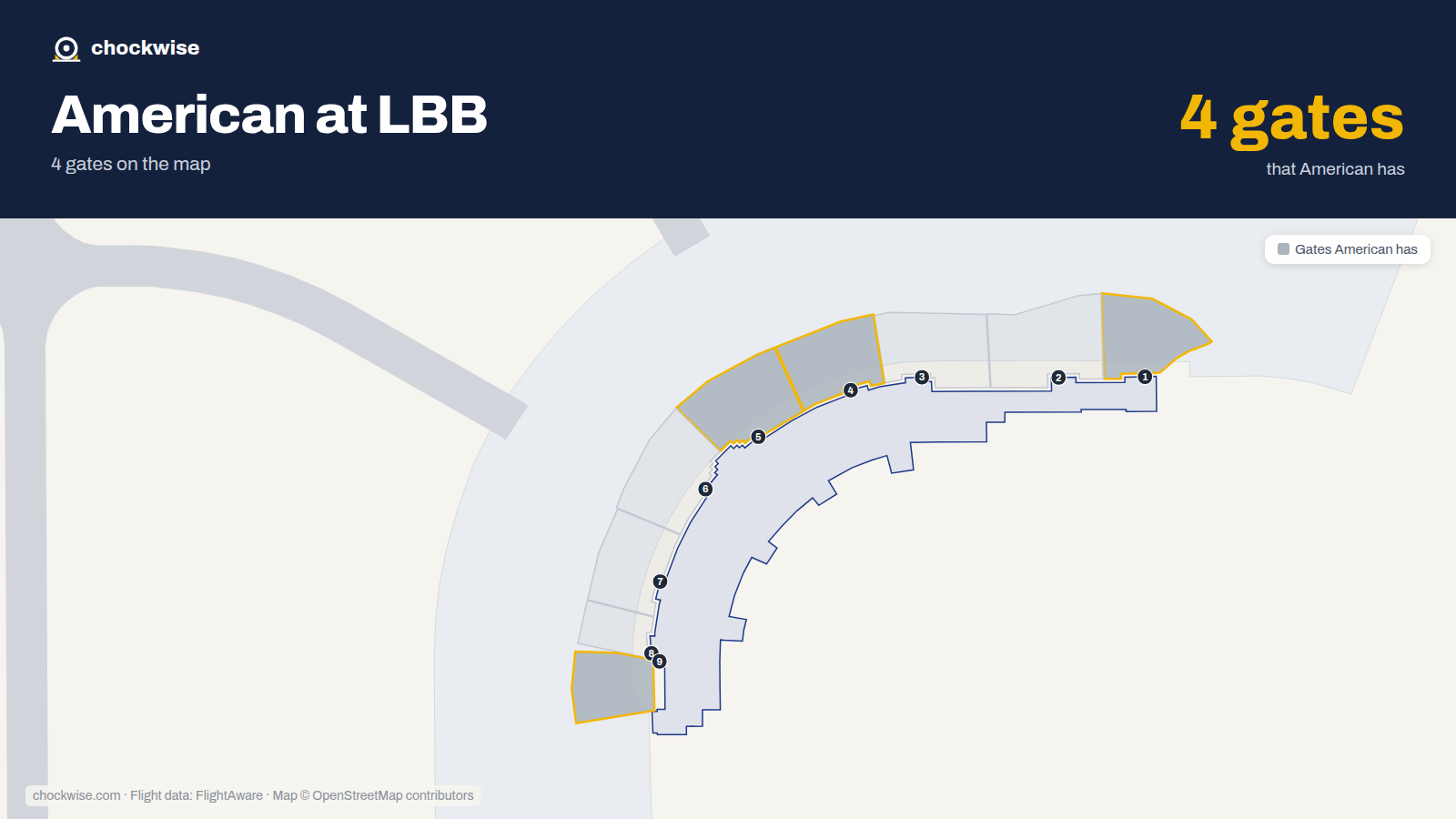 Map of LBB with the gates American Airlines uses highlighted: 1, 4, 5 and 9.