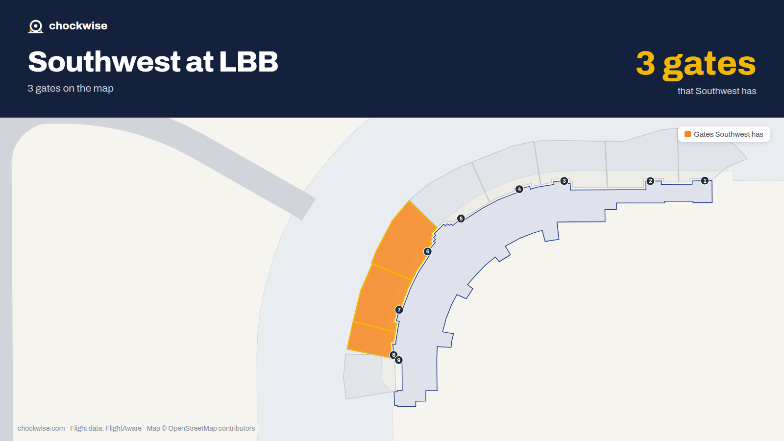 Map of LBB with the gates Southwest Airlines uses highlighted: 6, 7 and 8.