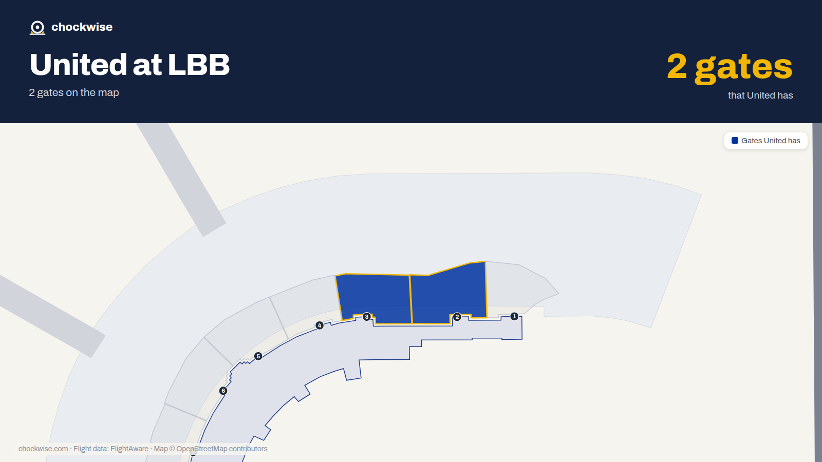 Map of LBB with the gates United Airlines uses highlighted: 2 and 3.
