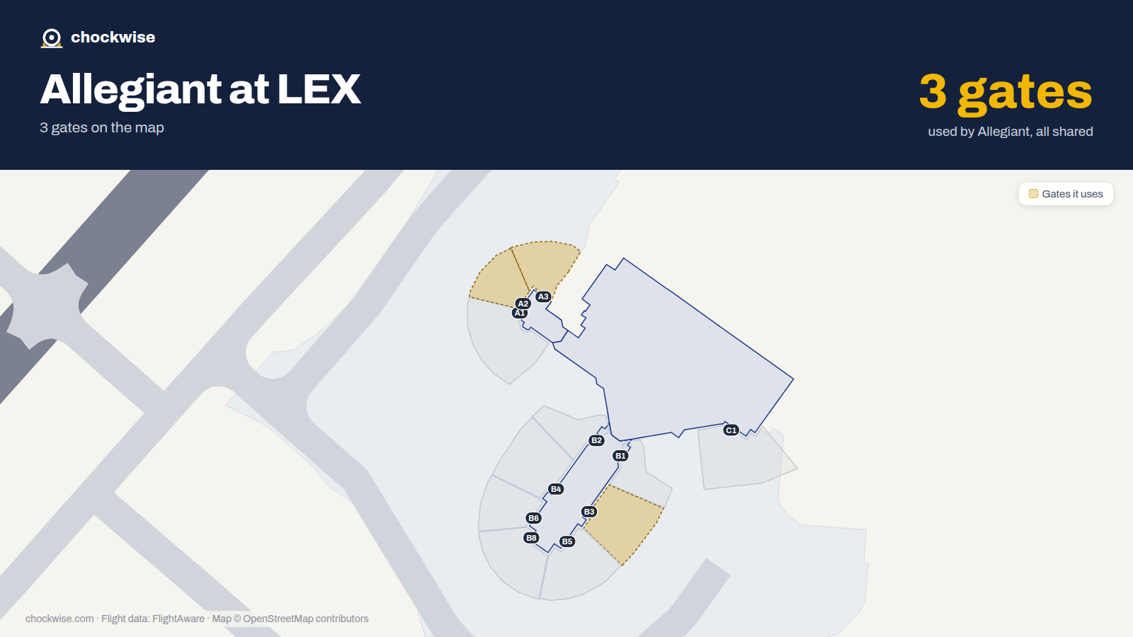 Map of LEX with the gates Allegiant Air uses highlighted: A2, A3 and B3.