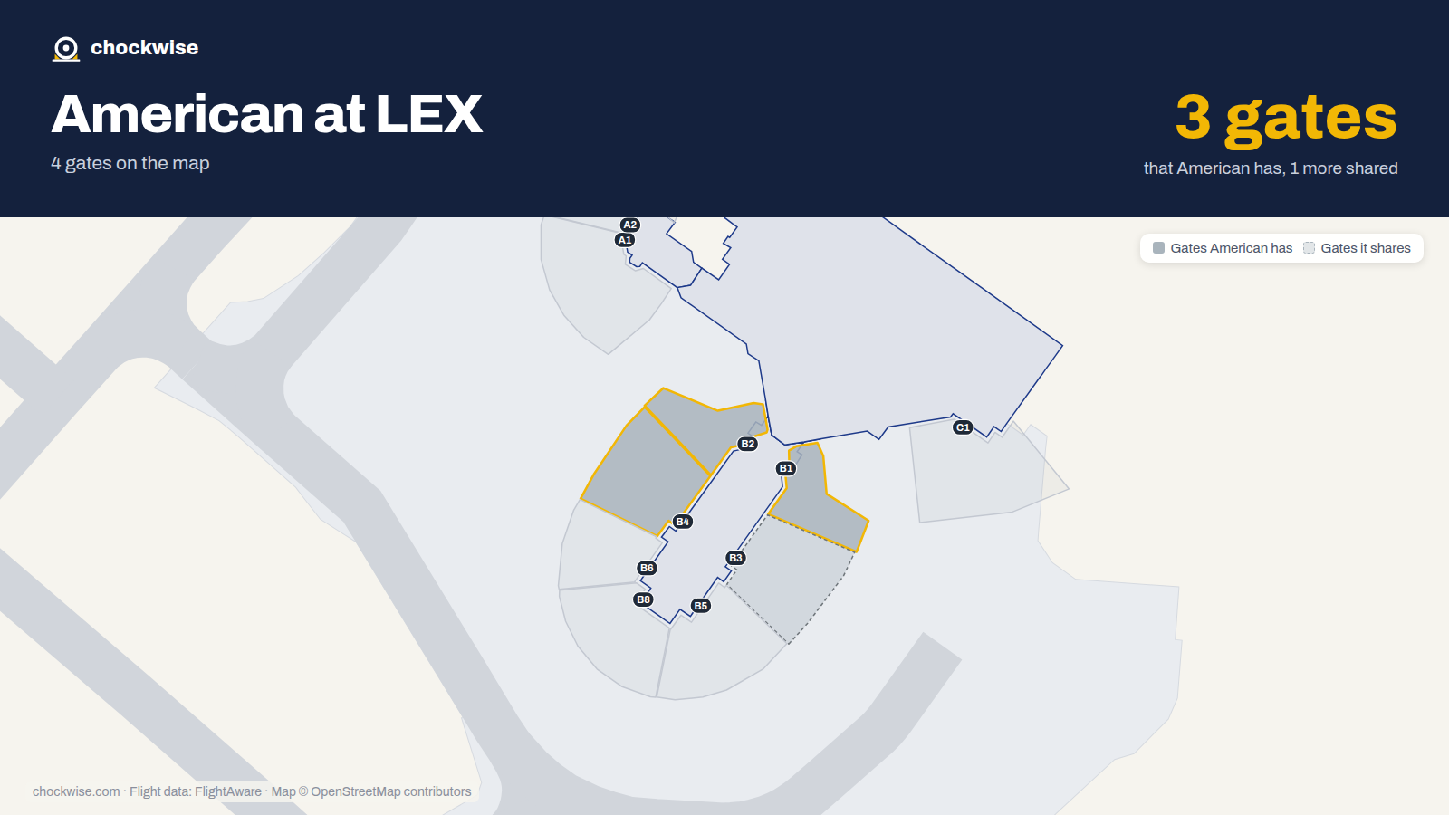 Map of LEX with the gates American Airlines uses highlighted: B1, B2 and B4.