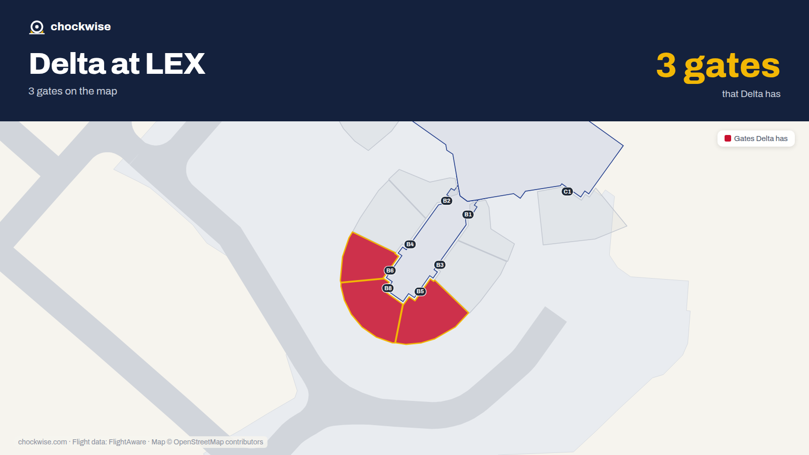 Map of LEX with the gates Delta Air Lines uses highlighted: B5, B6 and B8.