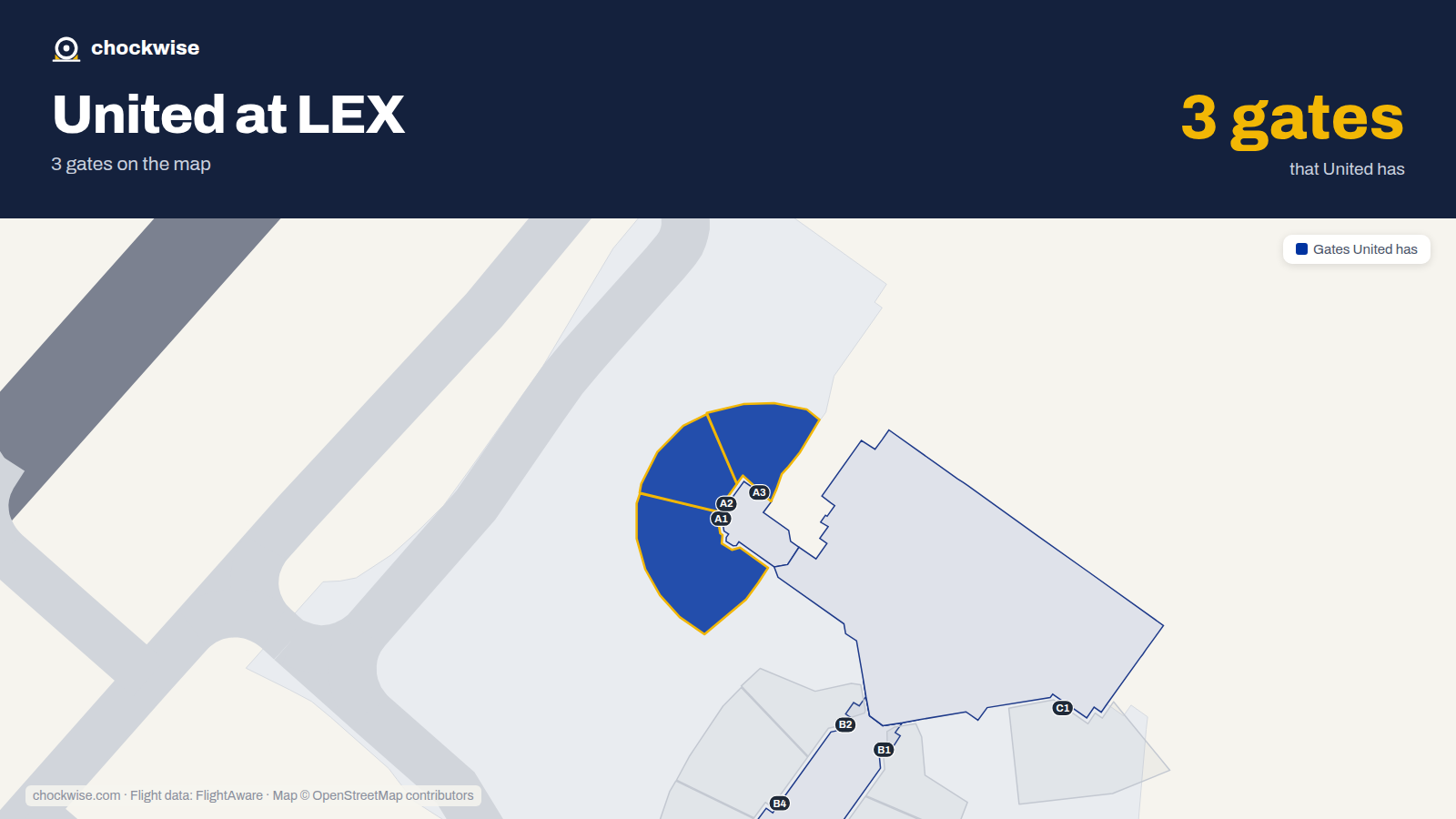 Map of LEX with the gates United Airlines uses highlighted: A1, A2 and A3.