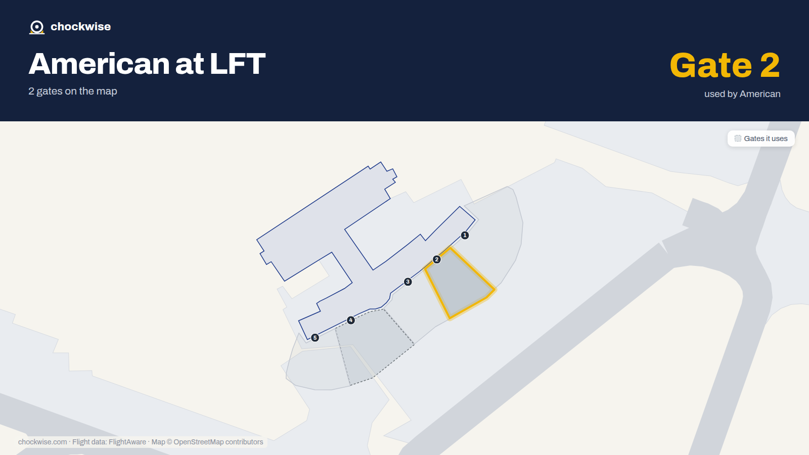 Map of LFT with the gates American Airlines uses highlighted: 2 and 4.