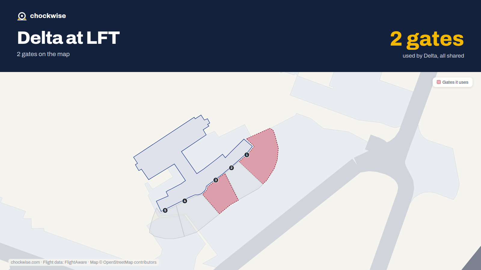 Map of LFT with the gates Delta Air Lines uses highlighted: 1 and 3.