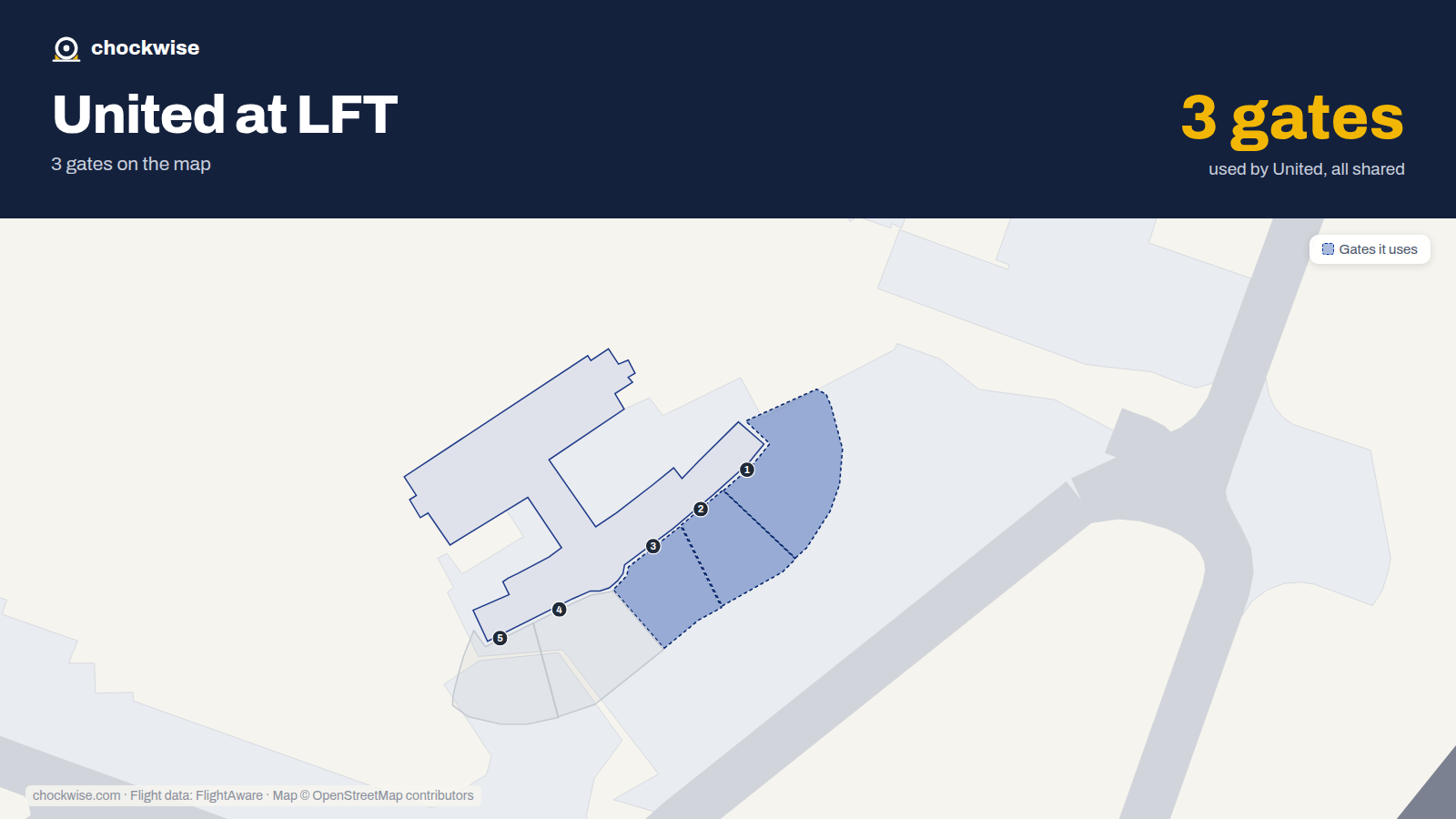 Map of LFT with the gates United Airlines uses highlighted: 1, 2 and 3.