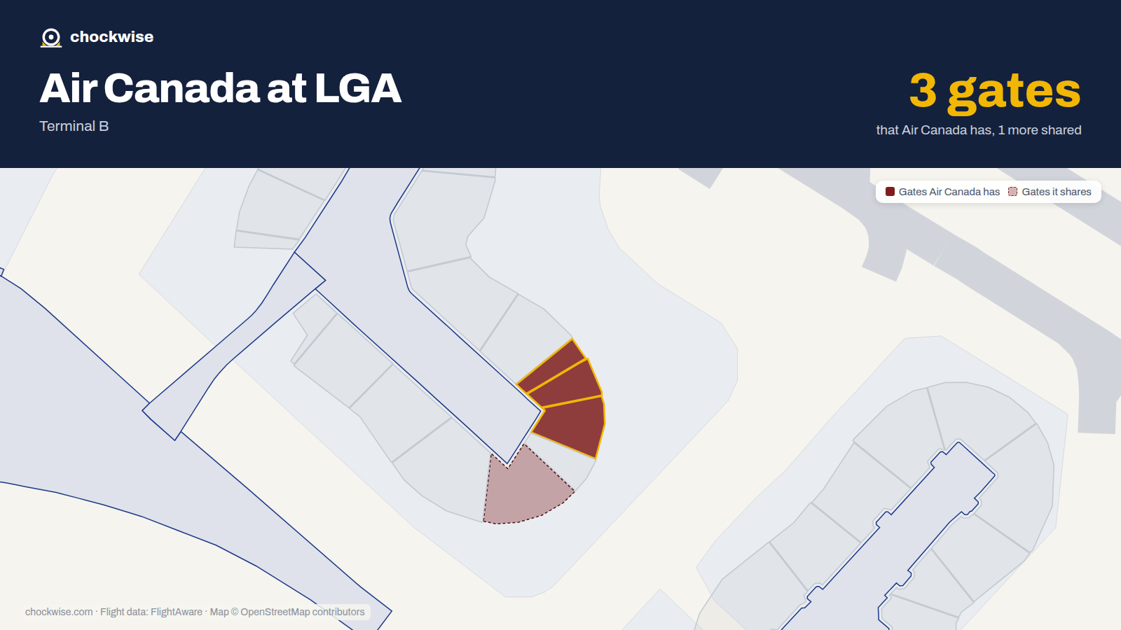 Map of LGA with the gates Air Canada uses highlighted: 51, 52 and 53.