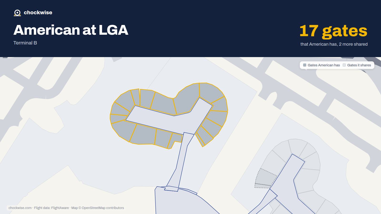 Map of LGA with the gates American Airlines uses highlighted: 11, 12, 14, 15, 16, 17, 18, 19 and 9 more.