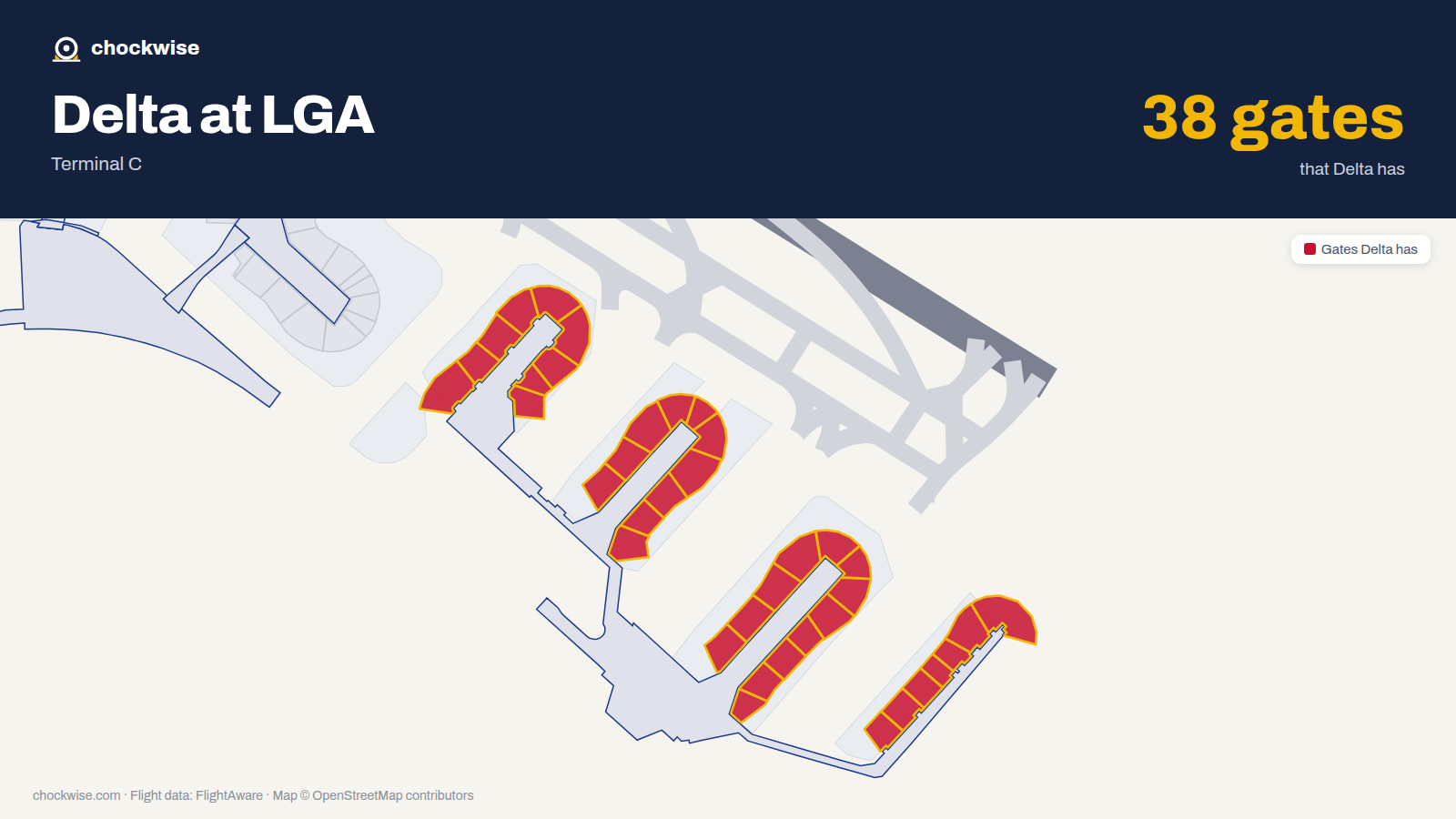 Map of LGA with the gates Delta Air Lines uses highlighted: 61, 62, 63, 64, 65, 66, 67, 68 and 30 more.
