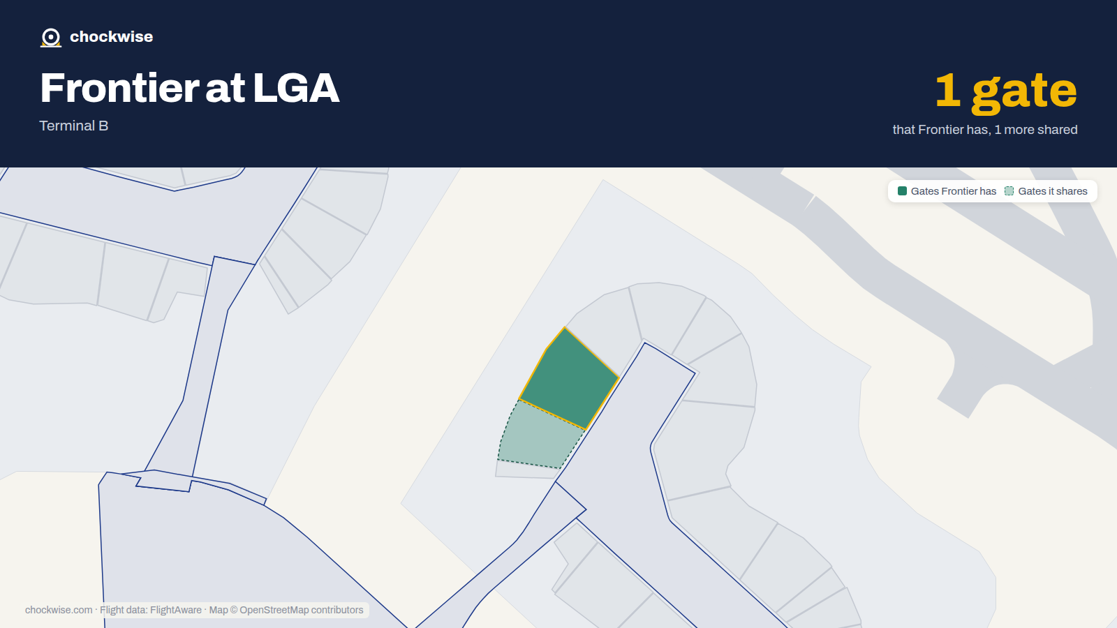 Map of LGA with the gates Frontier Airlines uses highlighted: 42.