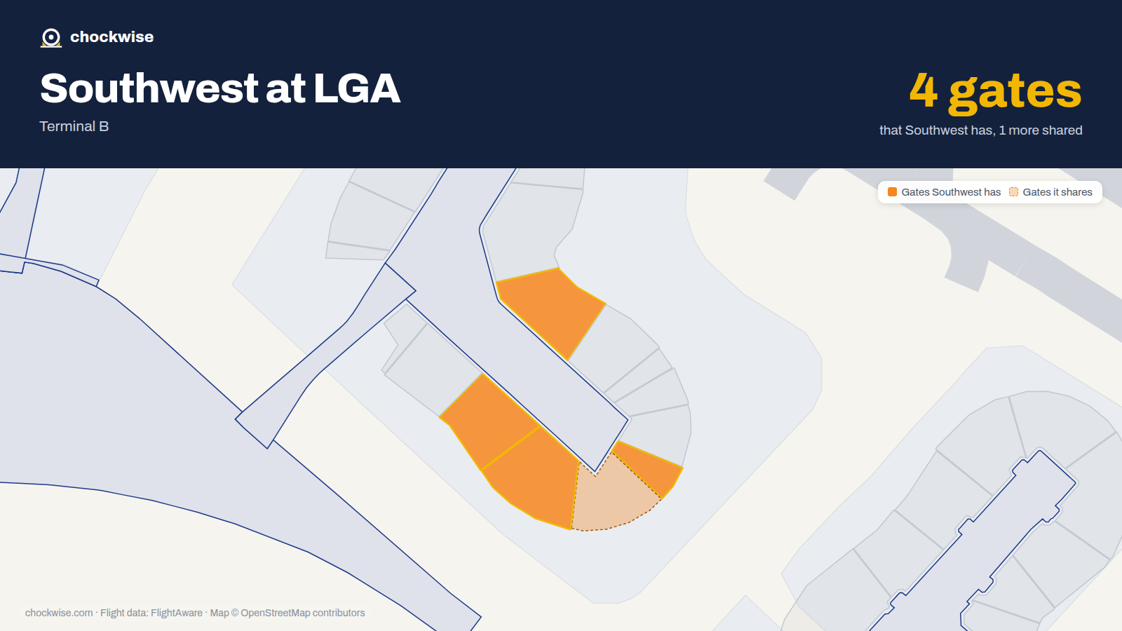 Map of LGA with the gates Southwest Airlines uses highlighted: 48, 54, 56 and 57.
