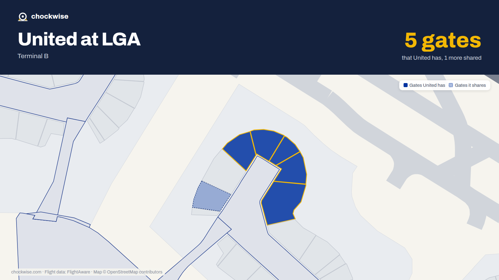 Map of LGA with the gates United Airlines uses highlighted: 43, 44, 45, 46 and 47.