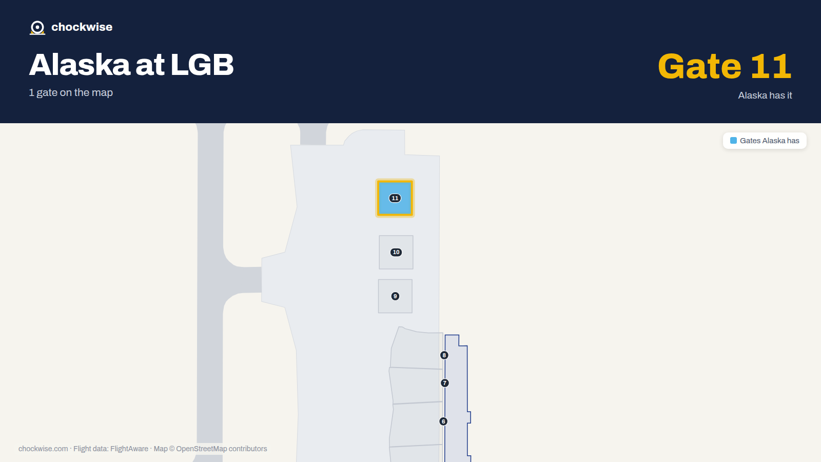 Map of LGB with the gates Alaska Airlines uses highlighted: 11.