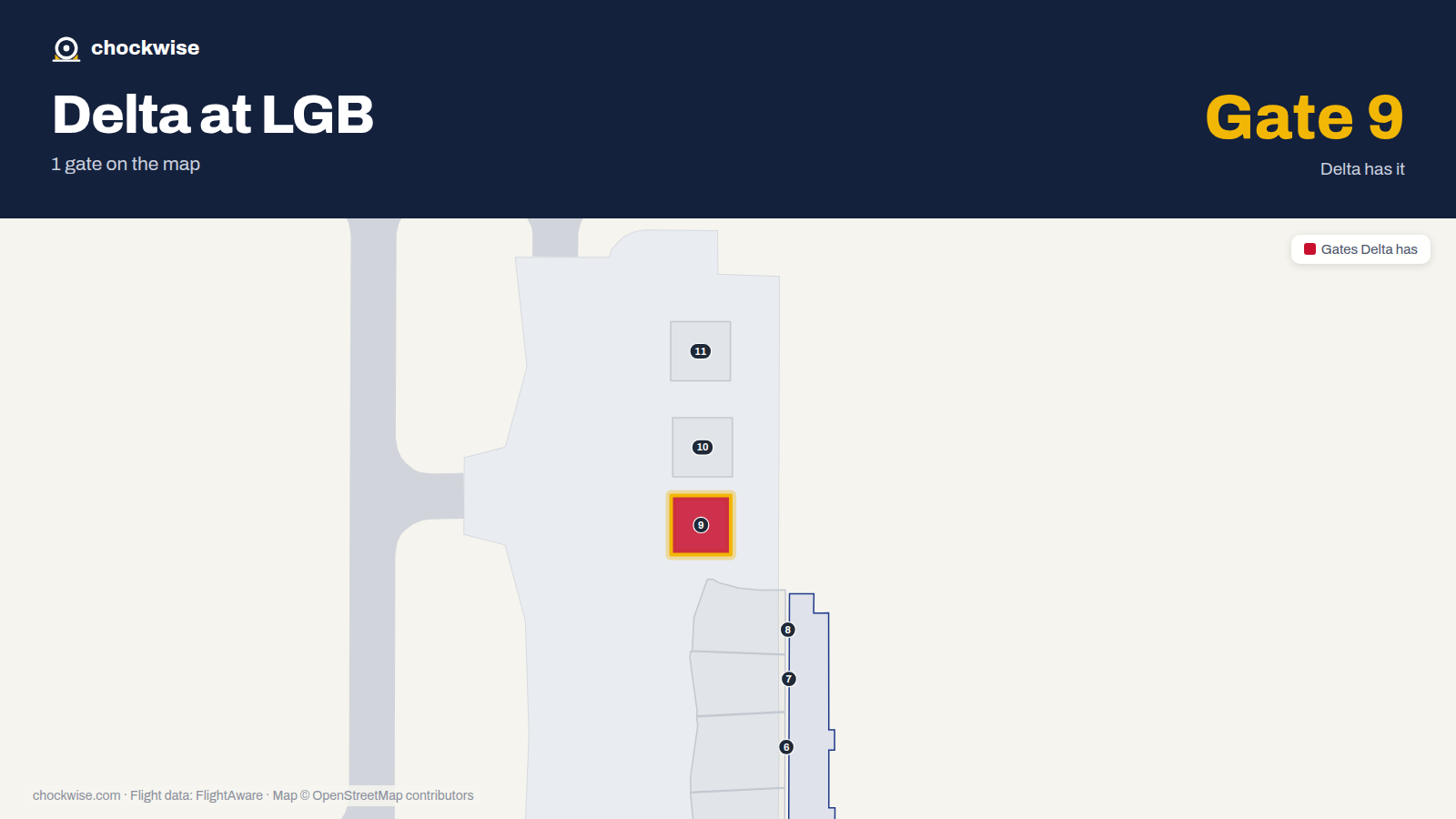 Map of LGB with the gates Delta Air Lines uses highlighted: 9.
