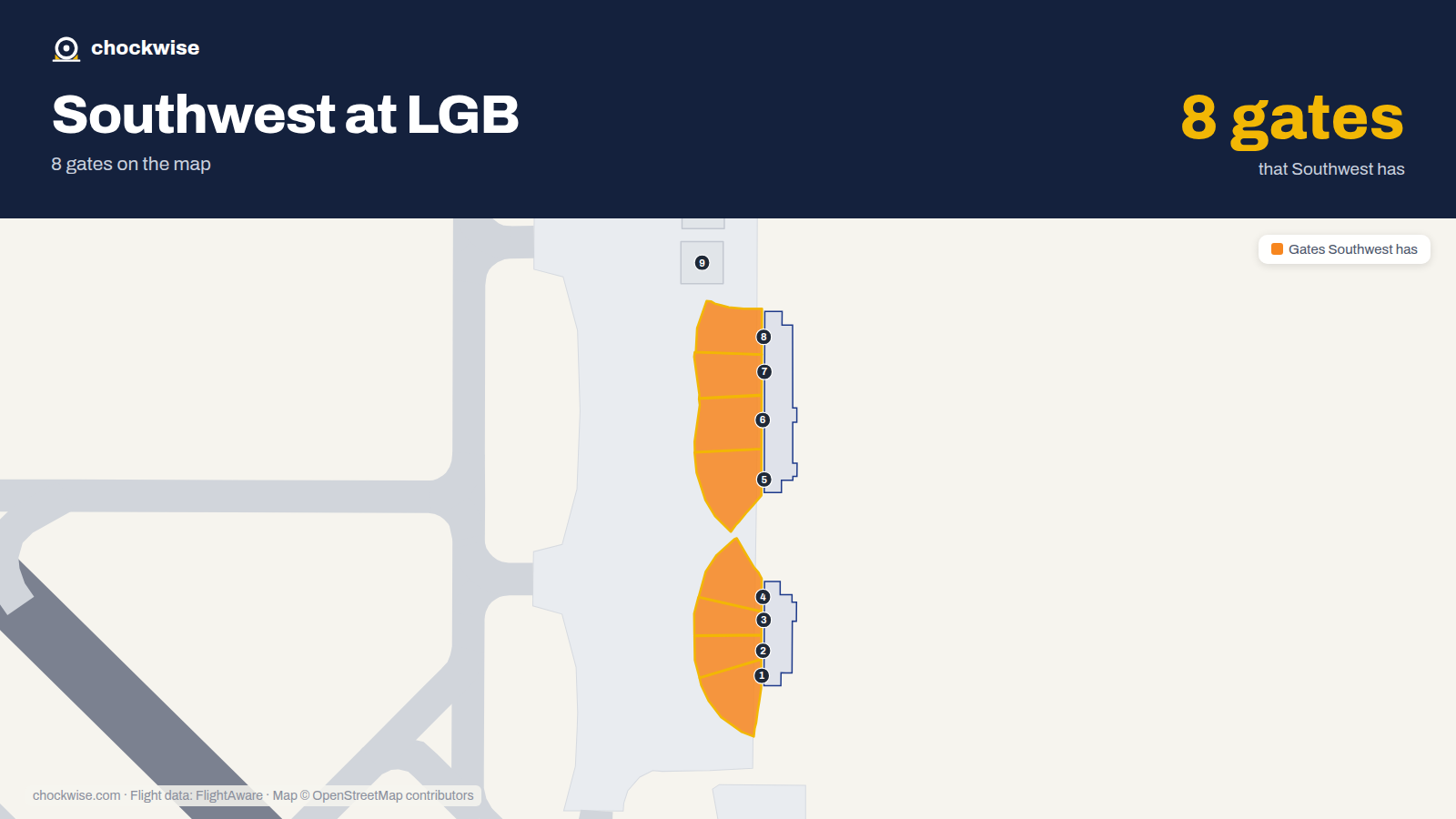 Map of LGB with the gates Southwest Airlines uses highlighted: 1, 2, 3, 4, 5, 6, 7 and 8.