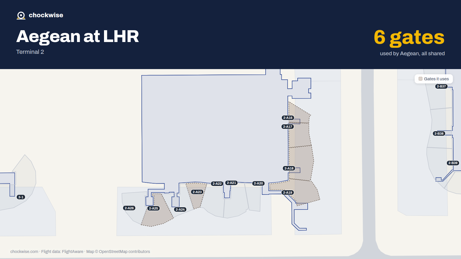 Map of LHR with the gates Aegean Airlines uses highlighted: 2-A16, 2-A17, 2-A18, 2-A19, 2-A23 and 2-A25.