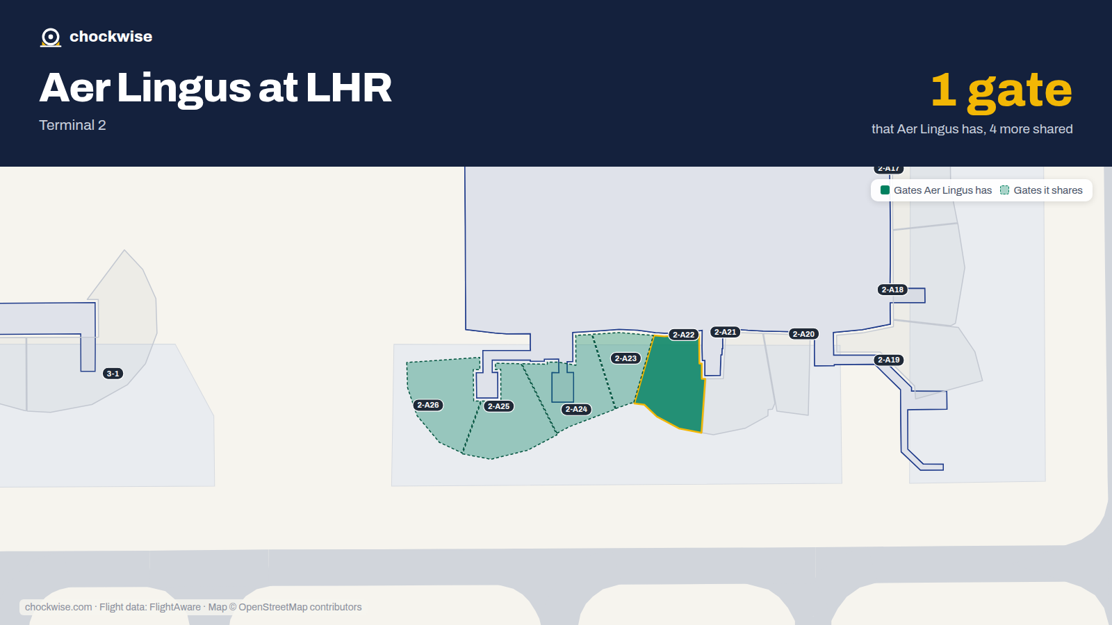 Map of LHR with the gates Aer Lingus uses highlighted: 2-A22.