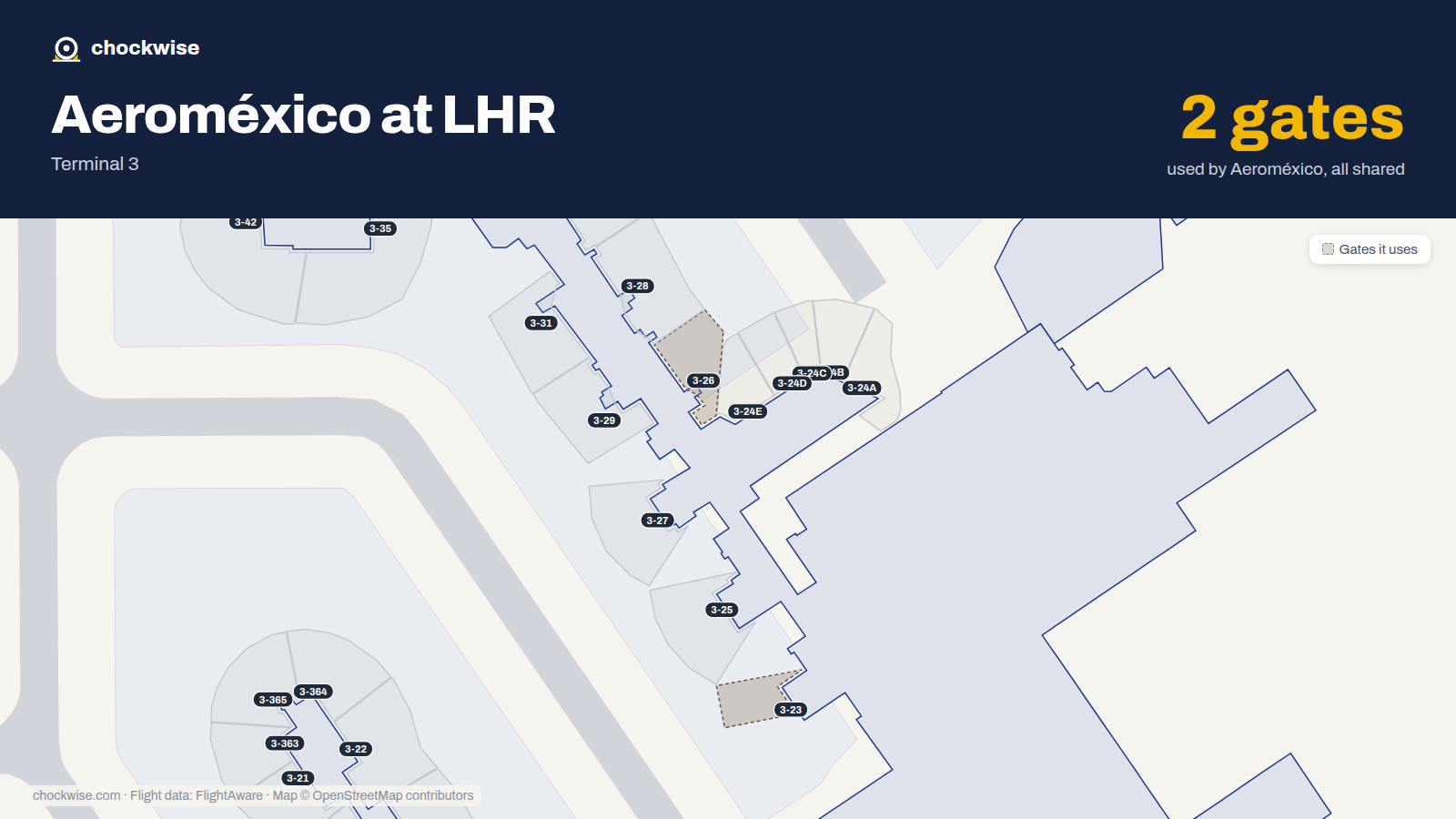 Map of LHR with the gates Aeroméxico uses highlighted: 3-23 and 3-26.
