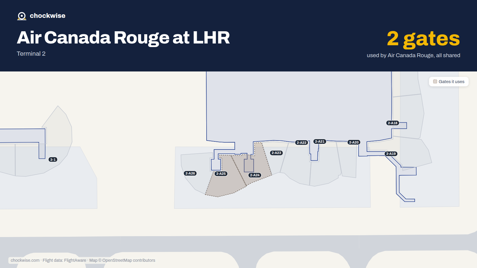 Map of LHR with the gates Air Canada Rouge uses highlighted: 2-A24 and 2-A25.