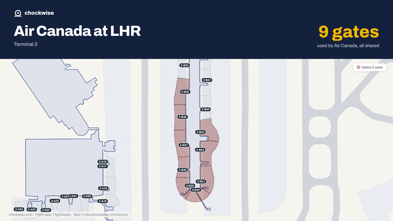Map of LHR with the gates Air Canada uses highlighted: 2-B35, 2-B36, 2-B37, 2-B38, 2-B39, 2-B41, 2-B42, 2-B43 and 1 more.