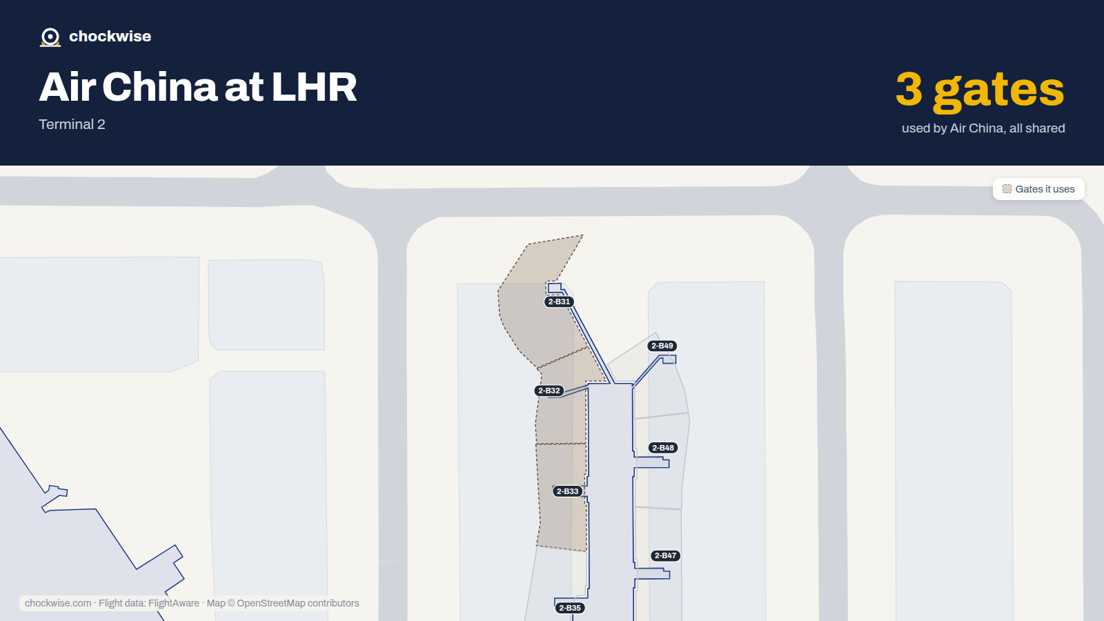 Map of LHR with the gates Air China uses highlighted: 2-B31, 2-B32 and 2-B33.