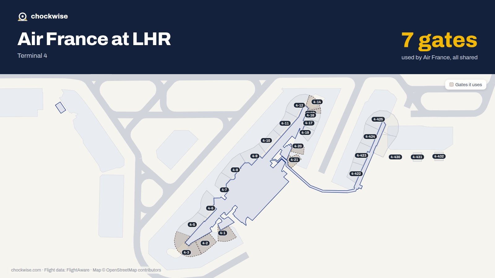 Map of LHR with the gates Air France uses highlighted: 4-1, 4-2, 4-3, 4-14, 4-15, 4-20 and 4-21.