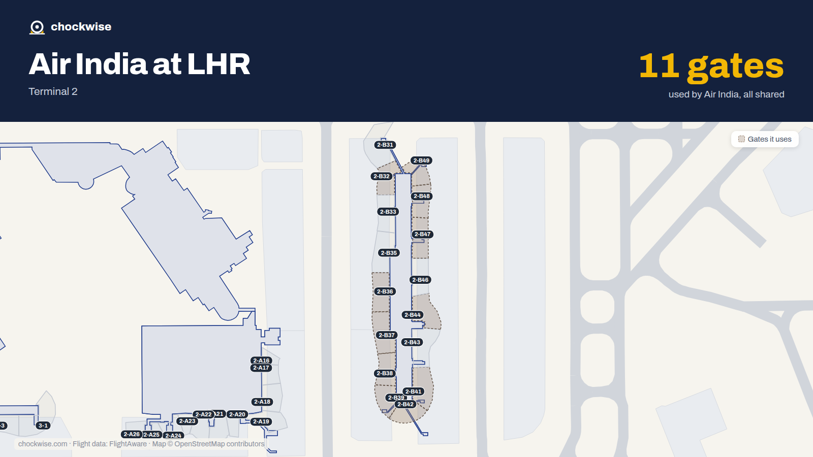 Map of LHR with the gates Air India uses highlighted: 2-A1, 2-B32, 2-B36, 2-B37, 2-B38, 2-B39, 2-B41, 2-B42 and 4 more.