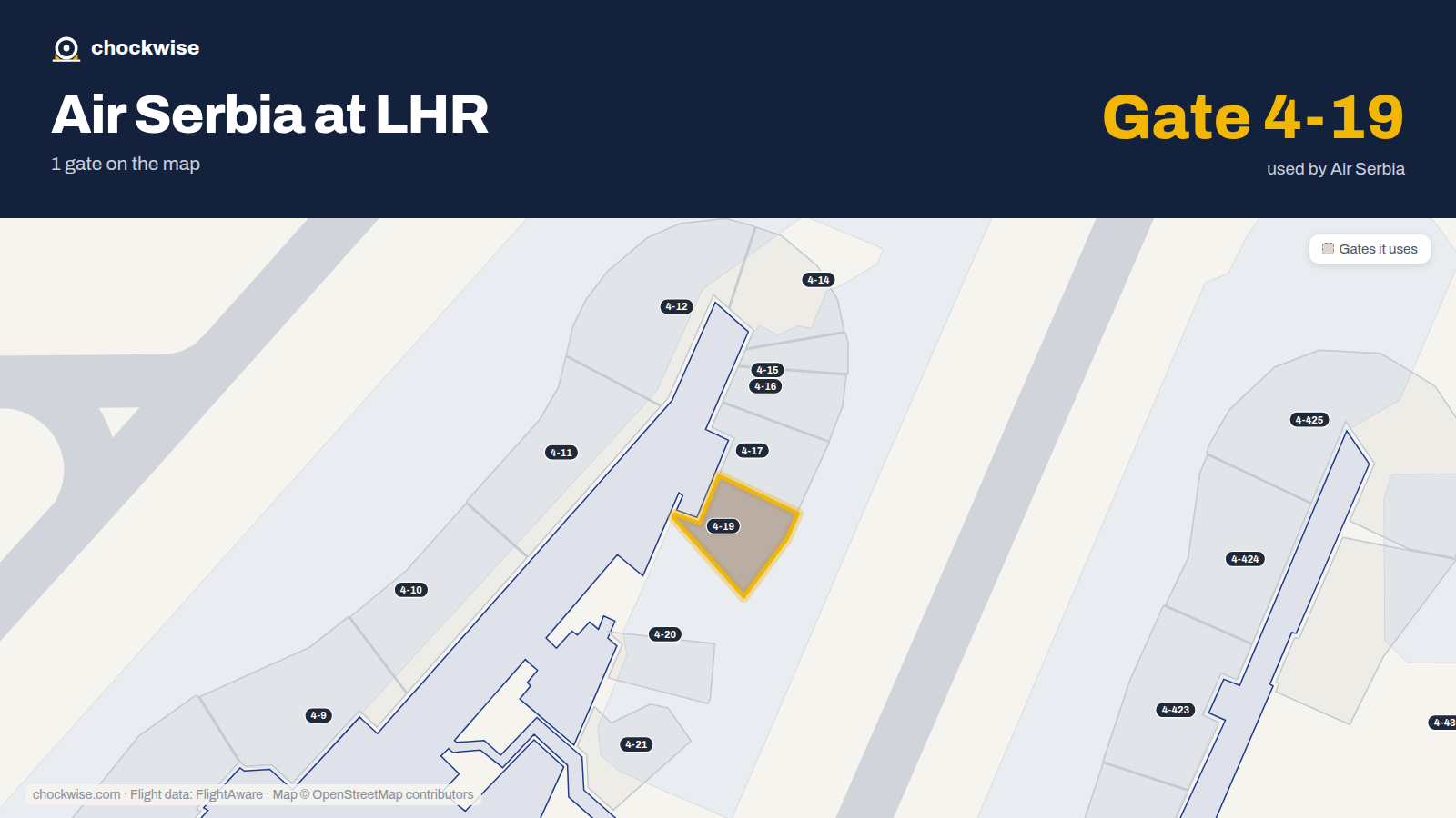 Map of LHR with the gates Air Serbia uses highlighted: 4-19.