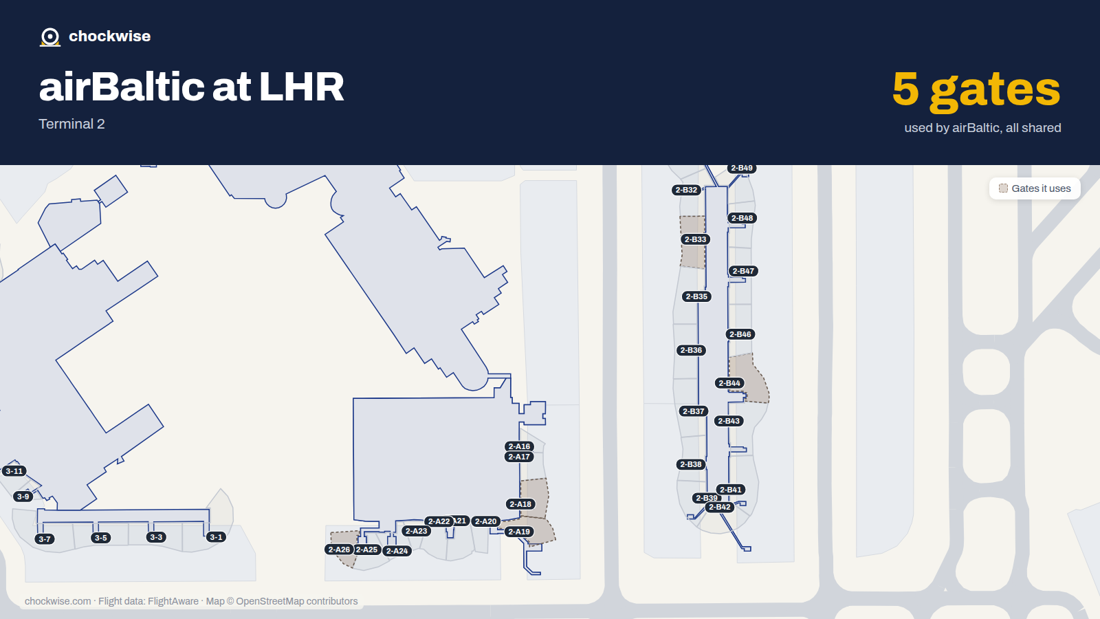 Map of LHR with the gates airBaltic uses highlighted: 2-A18, 2-A19, 2-A26, 2-B33 and 2-B44.