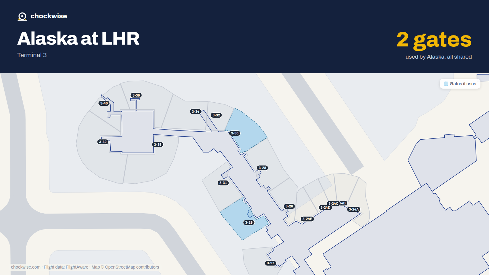 Map of LHR with the gates Alaska Airlines uses highlighted: 3-29 and 3-30.