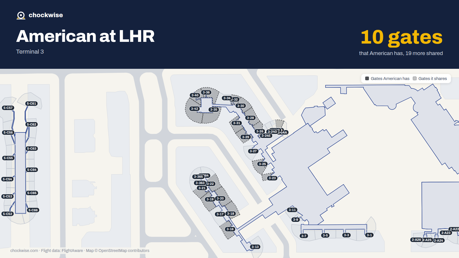 Map of LHR with the gates American Airlines uses highlighted: 3-16, 3-18, 3-19, 3-20, 3-21, 3-22, 3-23, 3-24B and 18 more.