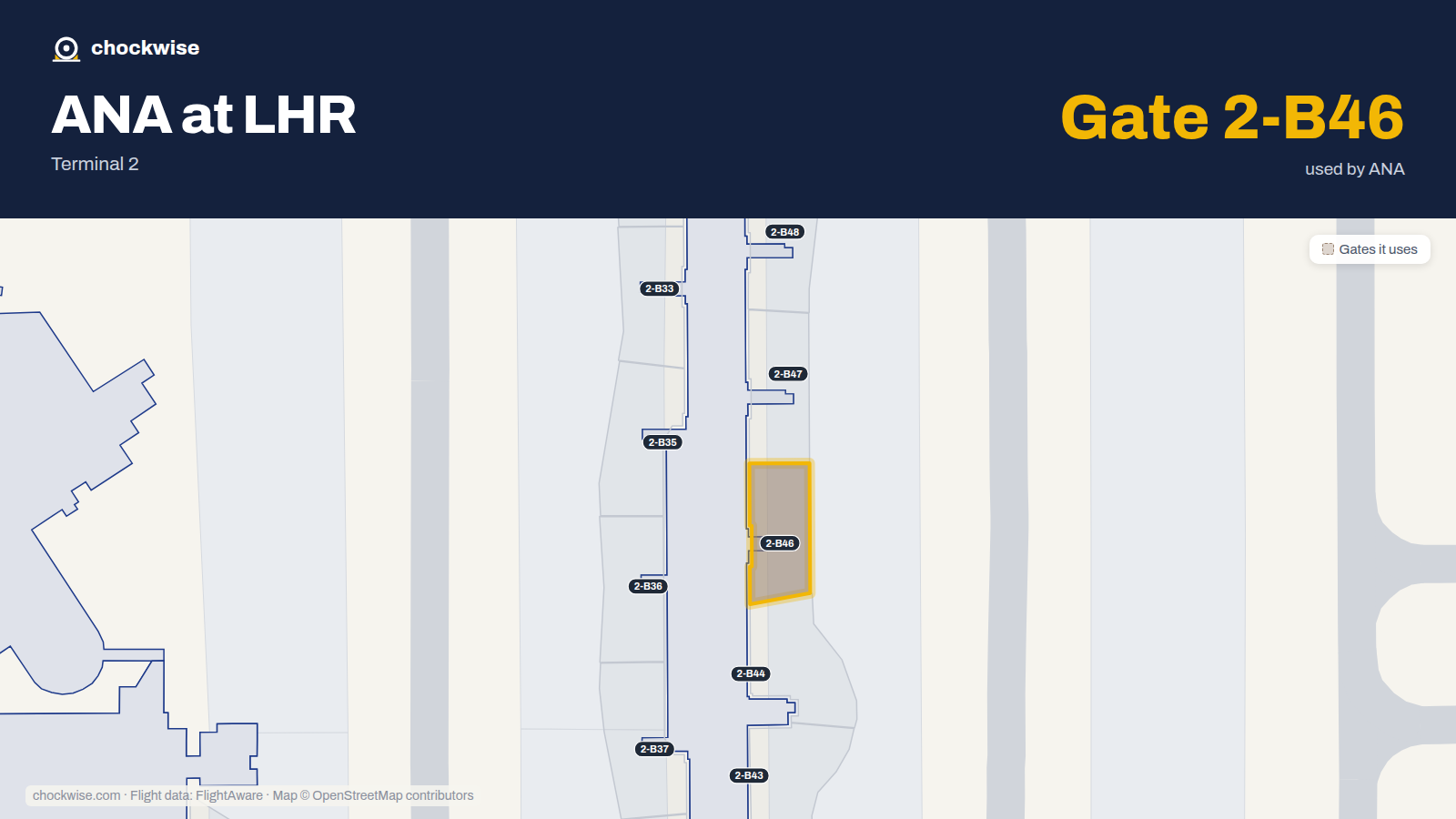 Map of LHR with the gates All Nippon Airways (ANA) uses highlighted: 2-B46.