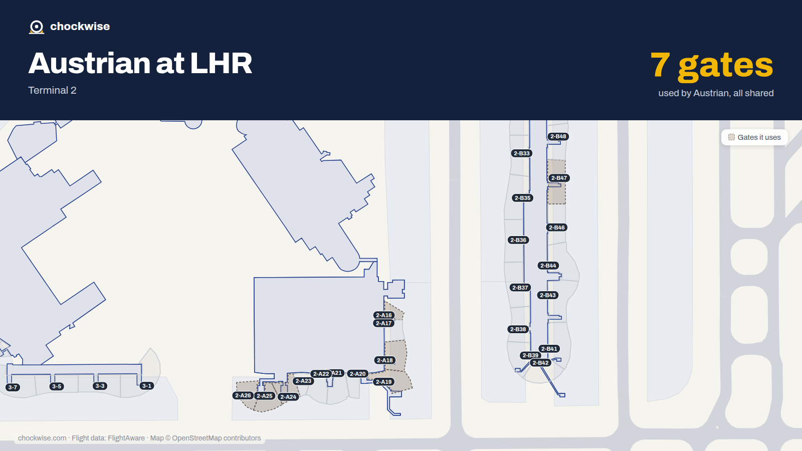 Map of LHR with the gates Austrian Airlines uses highlighted: 2-A16, 2-A18, 2-A19, 2-A24, 2-A25, 2-A26 and 2-B47.