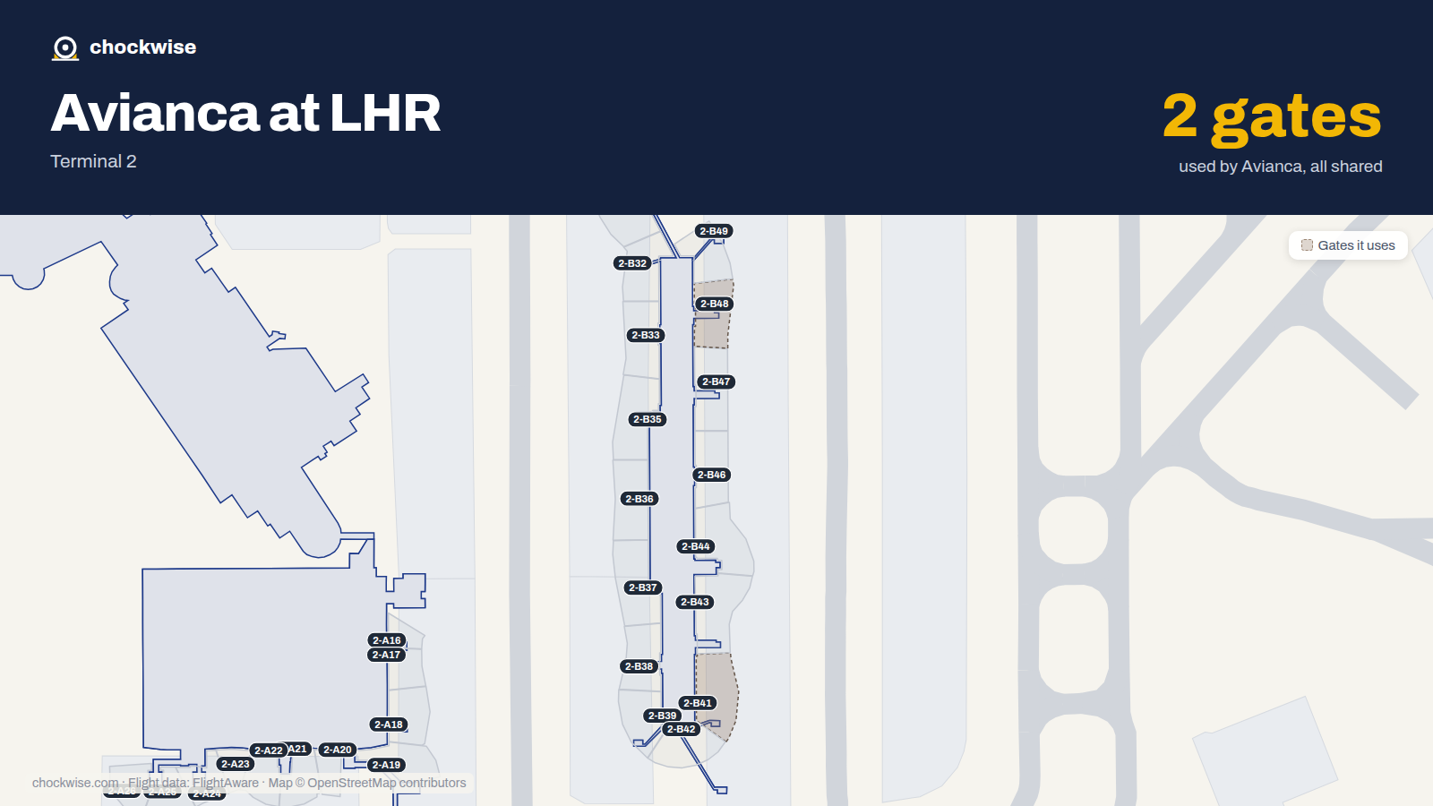 Map of LHR with the gates Avianca uses highlighted: 2-B41 and 2-B48.