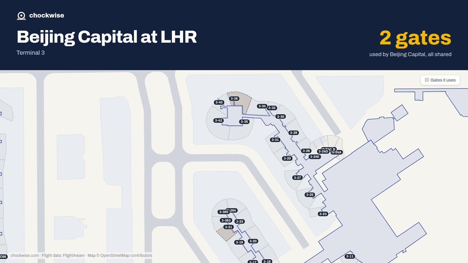 Map of LHR with the gates Beijing Capital Airlines uses highlighted: 3-21 and 3-36.