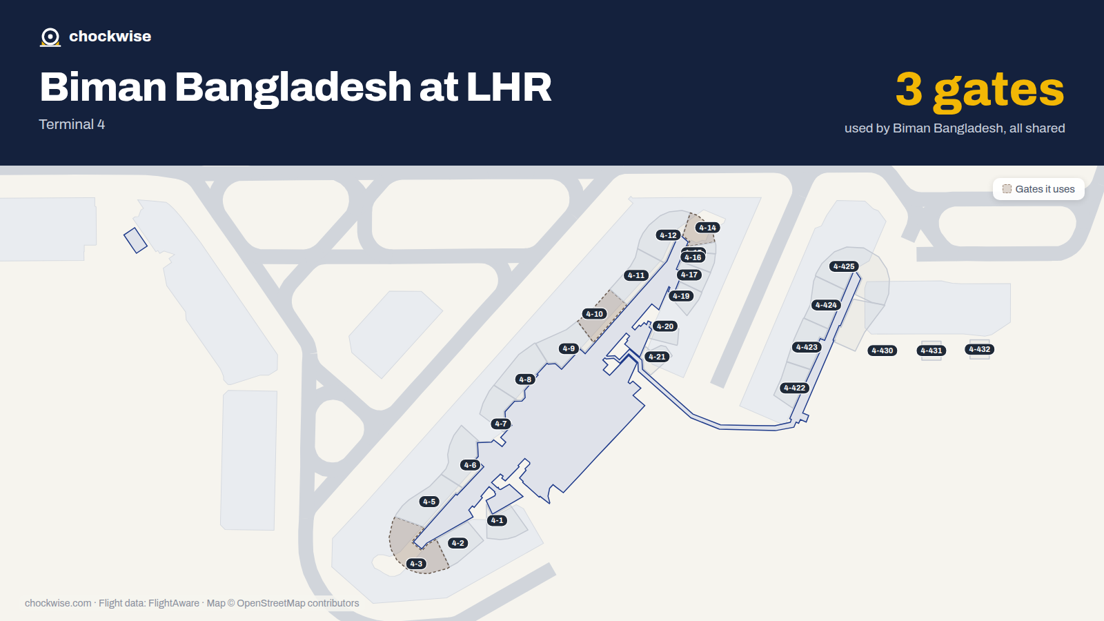 Map of LHR with the gates Biman Bangladesh Airlines uses highlighted: 4-3, 4-10 and 4-14.