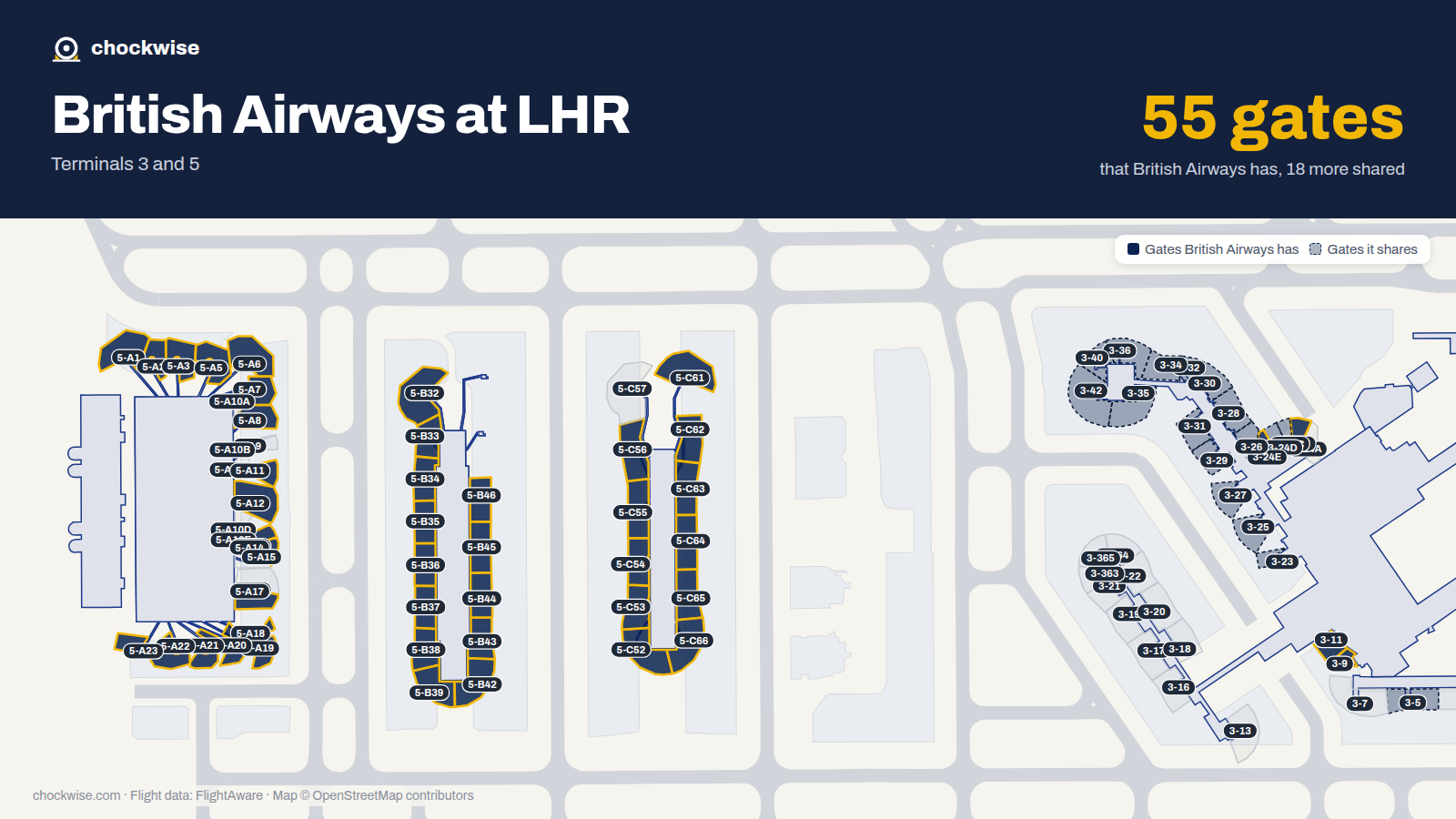 Map of LHR with the gates British Airways uses highlighted: 3-9, 5-A1, 5-A2, 5-A3, 5-A5, 5-A6, 5-A7, 5-A8 and 38 more.