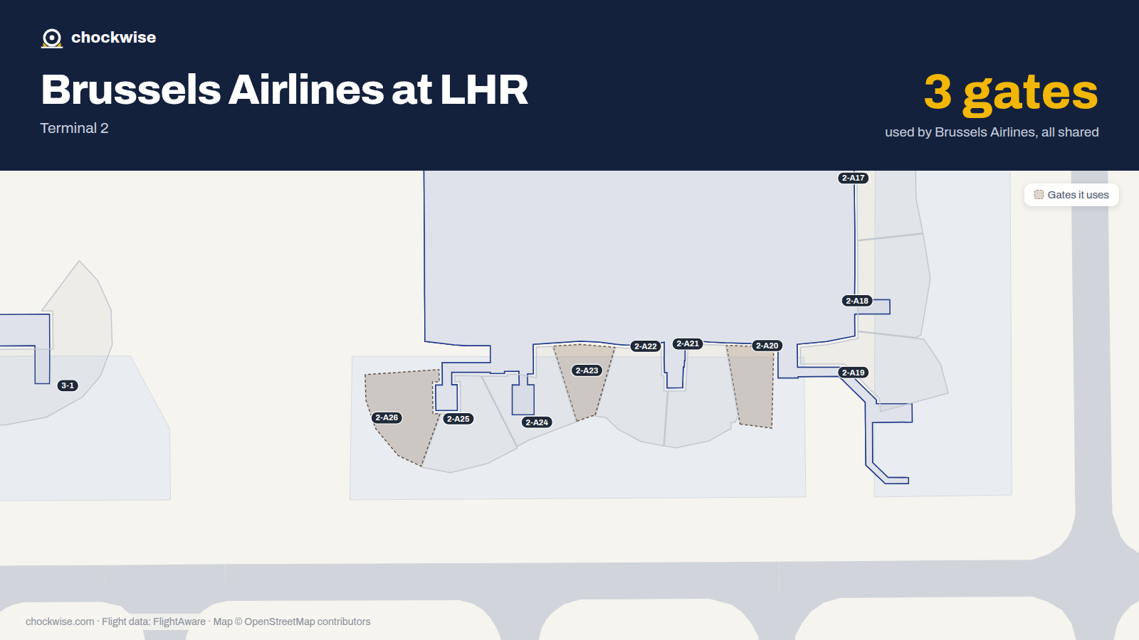 Map of LHR with the gates Brussels Airlines uses highlighted: 2-A20, 2-A23 and 2-A26.