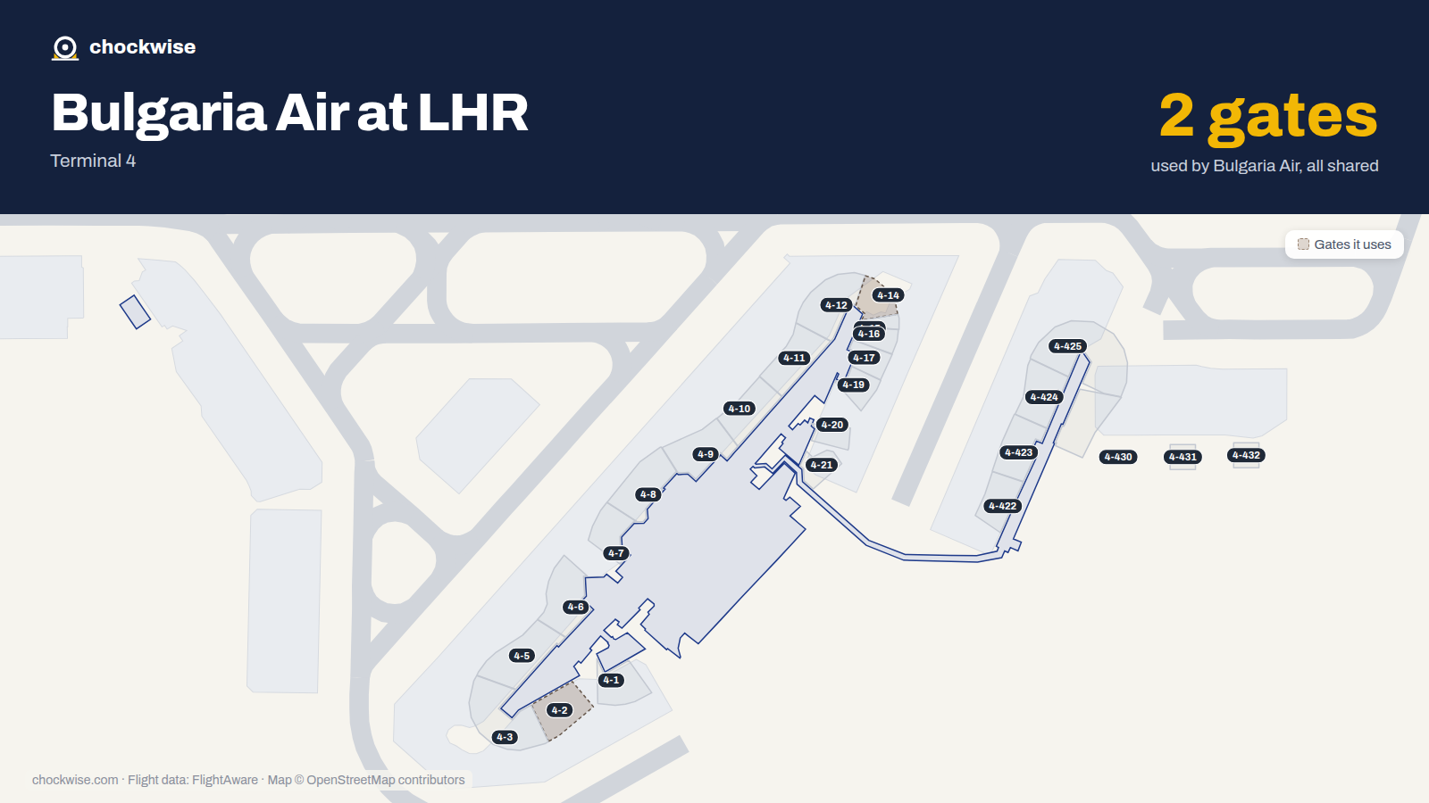 Map of LHR with the gates Bulgaria Air uses highlighted: 4-2 and 4-14.
