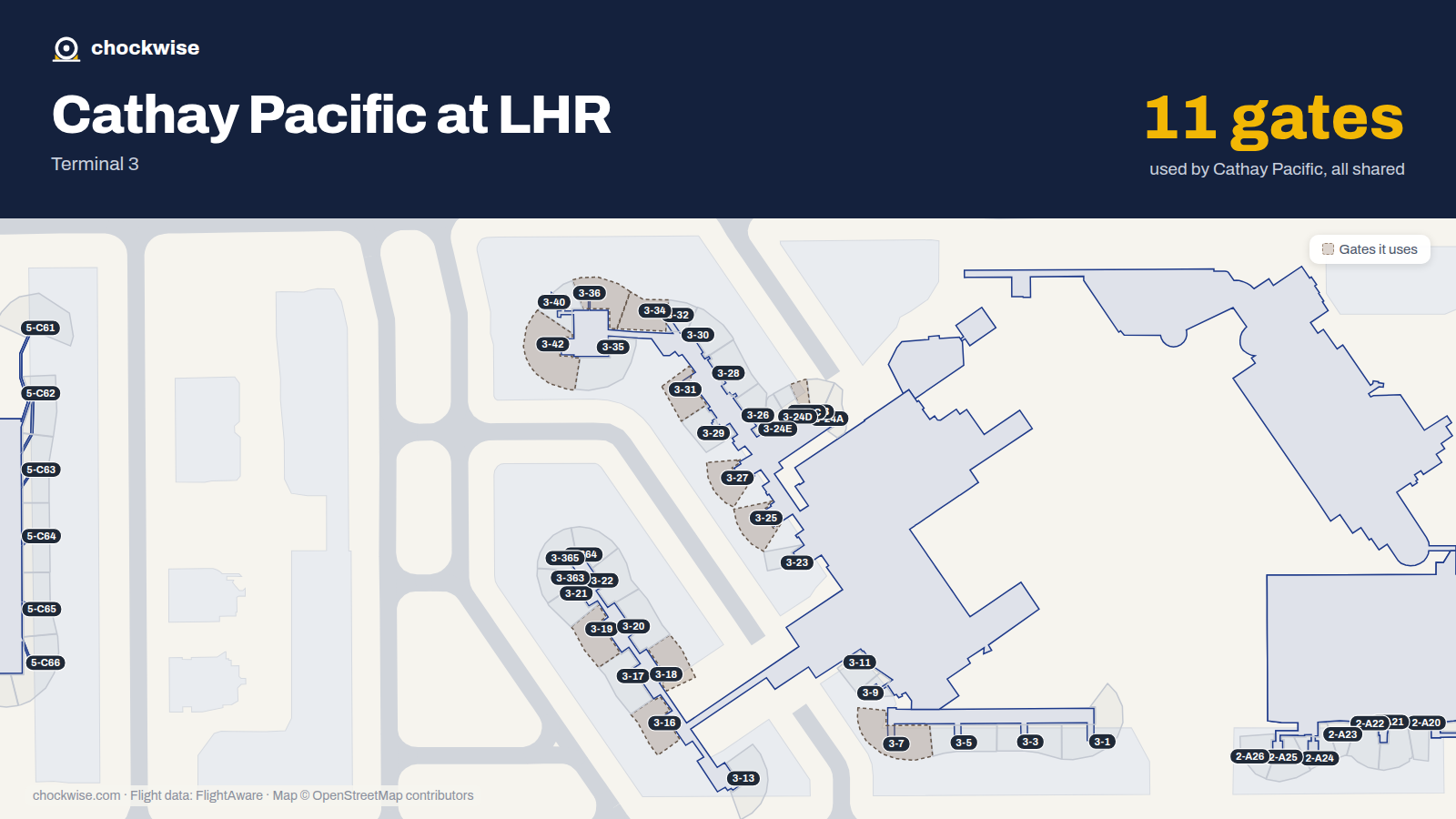 Map of LHR with the gates Cathay Pacific uses highlighted: 3-7, 3-16, 3-18, 3-19, 3-24C, 3-25, 3-27, 3-31 and 3 more.