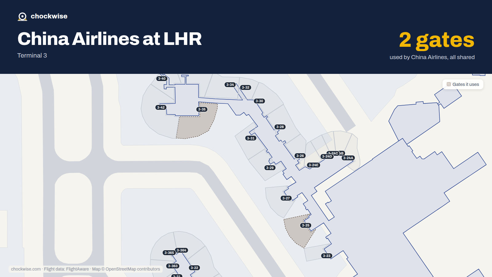 Map of LHR with the gates China Airlines uses highlighted: 3-25 and 3-35.