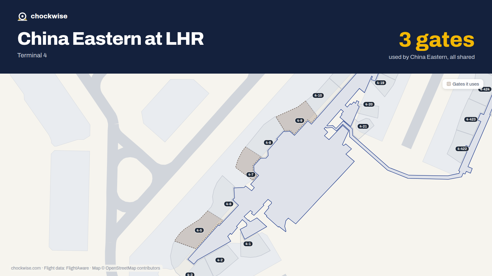Map of LHR with the gates China Eastern uses highlighted: 4-5, 4-7 and 4-9.