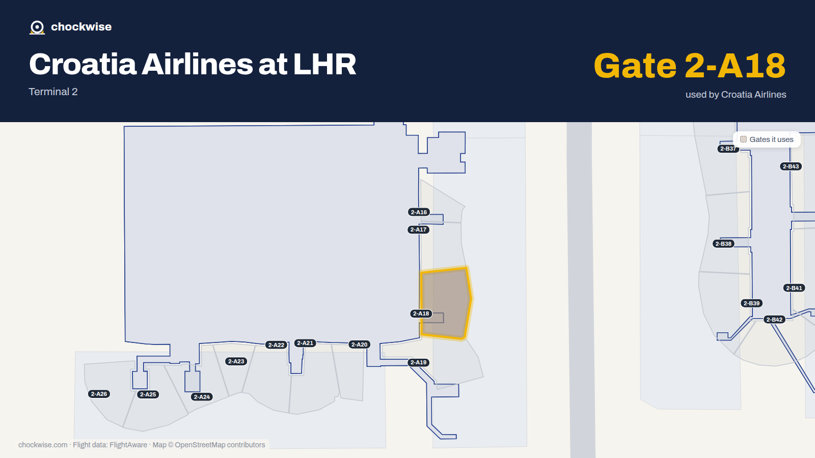 Map of LHR with the gates Croatia Airlines uses highlighted: 2-A18.