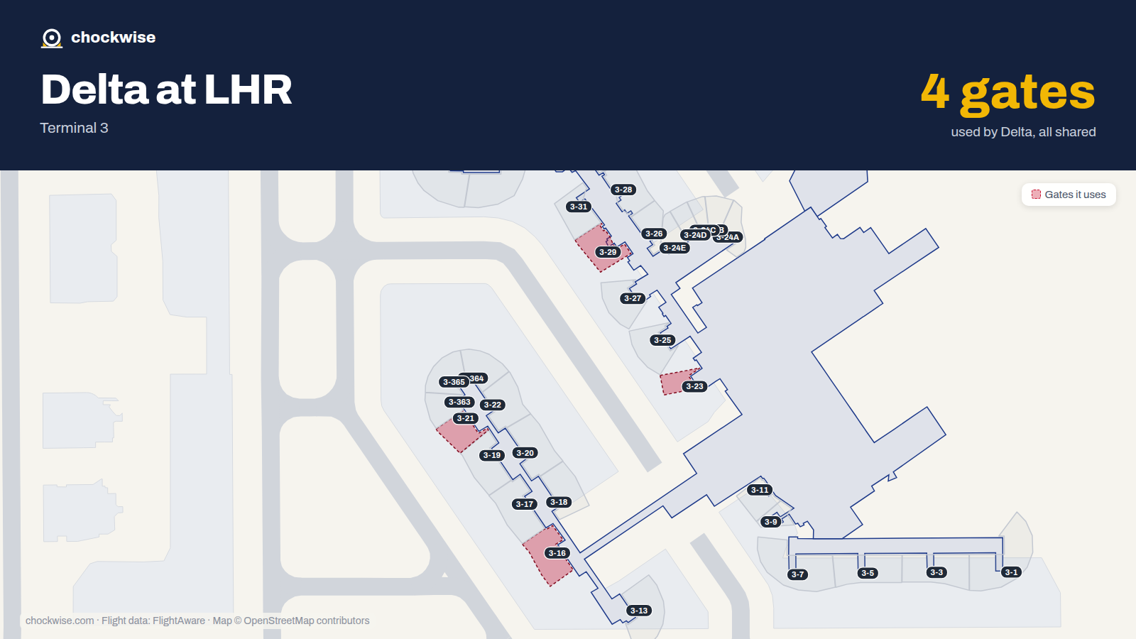 Map of LHR with the gates Delta Air Lines uses highlighted: 3-16, 3-21, 3-23, 3-24 and 3-29.